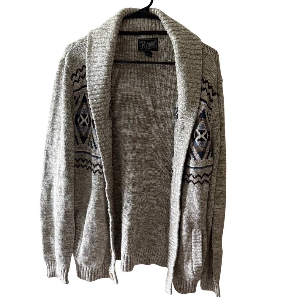Retrofit Shawl Collar Cardigan Sweater Oatmeal Fair Isle Geometric Knit Large